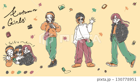 シンプルかわいい手書きの秋コーデ女子たちのイラスト素材 130778951