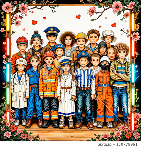 Children in professions a group portrait. A group of children in various professional outfits, including police, firefighter, doctor, chef, and construction worker. They stand in rows on a wooden plat 130778961
