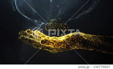Abstract golden glowing hand made of particles with sparkles pou out into dark background symbolizing magic energy or digital universe creation 130779007