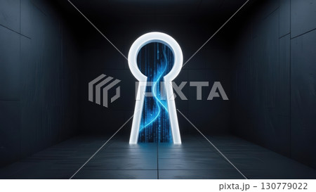 Futuristic glowing keyhole with electric blue lightning sparks inside in a modern dark room symbolizing cybersecurity or digital security concept 130779022