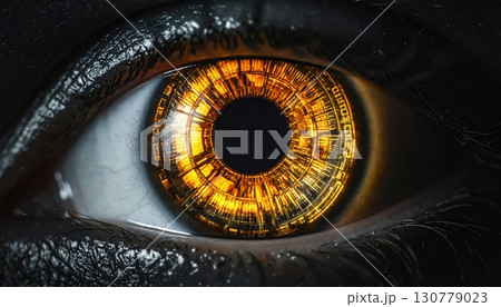 Highly detailed close-up of a human eye with a futuristic glowing digital iris displaying complex circuitry and vibrant golden orange hues, high resolution imagery Highly detailed close-up of a human eye with a futuristic glowing digital iris displaying complex circuitry and vibrant golden orange hues, high resolution imagery 130779023