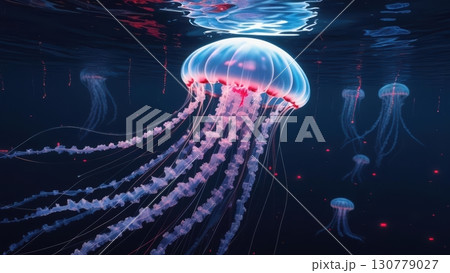 Colorful bioluminescent jellyfish swimming in deep ocean waters with glowing tentacles and delicate translucent bodies illuminated by ambient light 130779027