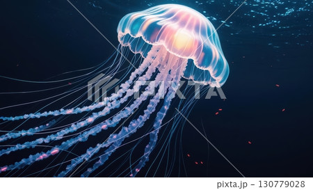 Vibrant Bioluminescent Jellyfish Floating in Deep Dark Ocean with Glow and Tentacles in Stunning Underwater Scene for Marine Life Photography 130779028