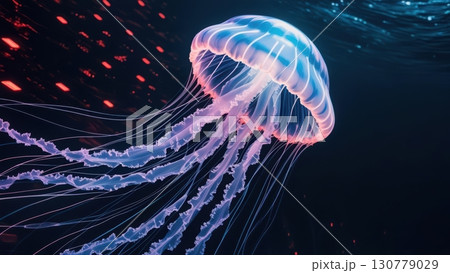 Bioluminescent jellyfish glowing in dark ocean waters with trailing tentacles illuminated by vibrant purple and blue lights creating an otherworldly aquatic scene 130779029