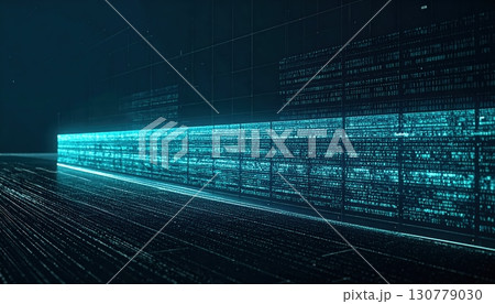 Futuristic digital data center with glowing blue data streams and high tech holographic interface representing cybersecurity and advanced information technology 130779030