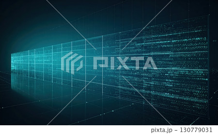 Digital data visualization with futuristic glowing grid lines and flowing streams of binary code on a dark background representing technology and information flow 130779031