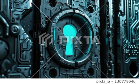 Highly detailed digital illustration of a futuristic security keyhole embedded in a complex circuit board with glowing blue accents and intricate electronic components 130779046