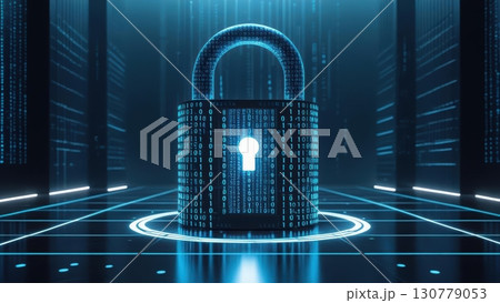Futuristic digital security concept featu a glowing holographic padlock surrounded by data streams and vibrant neon grid environment in a high-tech setting 130779053