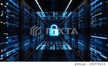 Futuristic digital security technology concept with glowing padlock symbol surrounded by neon blue data streams and computer servers in a high tech environment 130779214