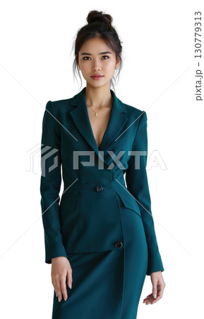 A confident female business leader in a dark teal dress, standing before glowing market trends, symbolizing her expertise in reshaping A confident female business leader in a dark teal dress, standing before glowing market trends, symbolizing her expertise in reshaping 130779313