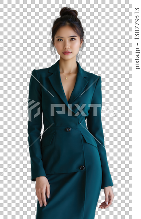 A confident female business leader in a dark teal dress, standing before glowing market trends, symbolizing her expertise in reshaping A confident female business leader in a dark teal dress, standing before glowing market trends, symbolizing her expertise in reshaping 130779313