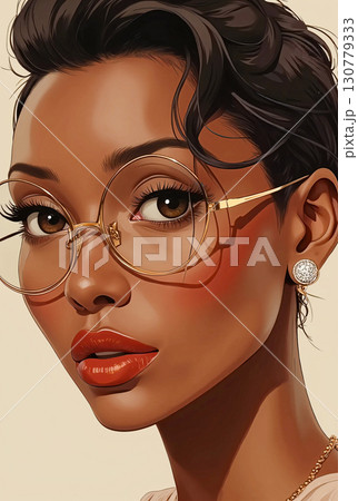 Elegant woman with glasses and red lipstick.  A stylish illustration of a woman with short, dark hair and large round glasses.  130779333