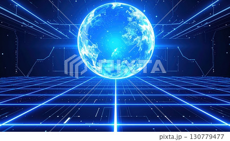 Futuristic digital Earth globe glowing with bright blue light surrounded by technological interface lines and grid in a sci-fi digital environment 130779477