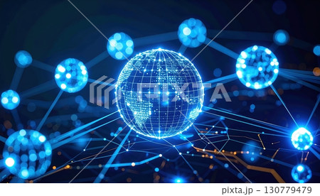 Futuristic digital network with glowing interconnected nodes and a global sphere representing technology connectivity and data sha in cyberspace 130779479