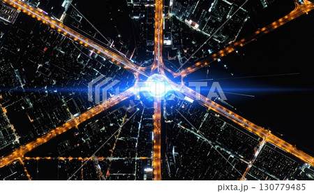 A stunning aerial view of a futuristic cityscape at night with illuminated skyscrapers and glowing streets converging towards a bright central light in a high-tech urban environment A stunning aerial view of a futuristic cityscape at night with illuminated skyscrapers and glowing streets converging towards a bright central light in a high-tech urban environment 130779485