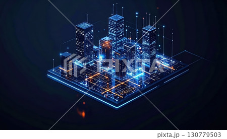 Futuristic digital cityscape with illuminated skyscrapers and interconnected data lines representing technological innovation and smart urban environments at night Futuristic digital cityscape with illuminated skyscrapers and interconnected data lines representing technological innovation and smart urban environments at night 130779503