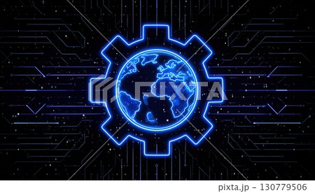 Futuristic digital globe with neon blue gear and connected network lines representing global technology innovation and digital connectivity concept 130779506