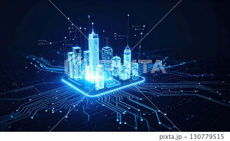 Futuristic digital cityscape depicting illuminated skyscrapers connected by glowing data lines in a high-tech smart city environment with a dark background Futuristic digital cityscape depicting illuminated skyscrapers connected by glowing data lines in a high-tech smart city environment with a dark background 130779515