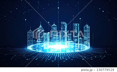 Futuristic glowing city skyline with tall skyscrapers illuminated with blue light beneath a starry night sky and digital interface elements representing technology advancement 130779519