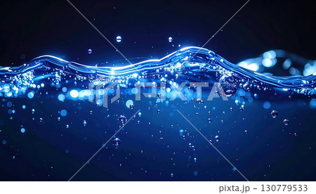 Clear blue water splash with light reflections and bubbles in dark background creating a dynamic aquatic scene perfect for water, nature, or technology themes 130779533