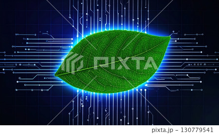Digital green leaf with circuit lines glowing in futuristic cyberspace background symbolizing technology nature connection and ecological innovation Digital green leaf with circuit lines glowing in futuristic cyberspace background symbolizing technology nature connection and ecological innovation 130779541