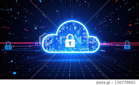 Bright blue digital cloud icon with lock symbol representing data security and cybersecurity concepts on a futuristic digital background with glowing lines and technology elements 130779602
