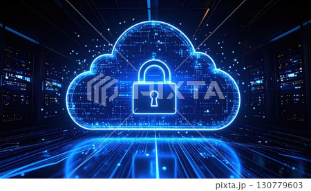 Digital security concept with glowing blue cloud storage lock symbol representing data protection and cybersecurity in a futuristic digital environment 130779603