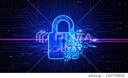 High Tech Digital Security Lock Icon with Circuit Lines and Data Transfer Effects in a Futuristic Blue Digital Network Background 130779605