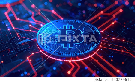 Highly detailed digital illustration of a futuristic Bitcoin coin symbolizing cryptocurrency innovation and blockchain technology on a vibrant digital background with glowing connections 130779610