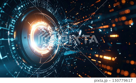 Futuristic digital technology concept background with glowing circular interface and particle effects for innovation and high-tech environments 130779617