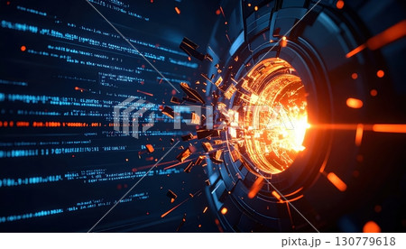 Futuristic digital tunnel with vibrant glowing orange data streams and sparks representing technology innovation and cybersecurity in a high-tech environment 130779618