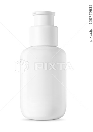 White plastic pump bottle isolated on white background, minimal design for cosmetic or skincare packaging 130779633
