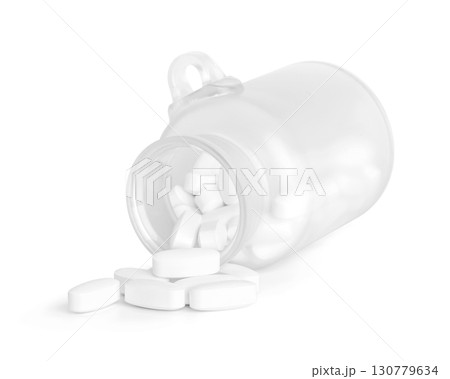 White tablets spilling from a transparent plastic bottle on white background, clean pharmaceutical concept 130779634