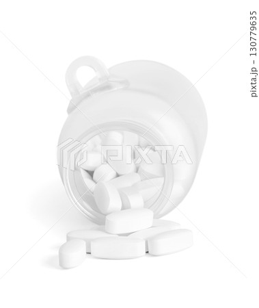 White tablets spilling from a transparent plastic bottle on white background, clean pharmaceutical concept 130779635