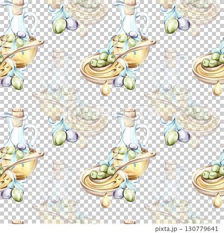 Olives and olive oil seamless pattern background wallpaper featuring delicate watercolor illustrations capturing the essence of Italian cuisine nature and beauty in nutritious food art 130779641