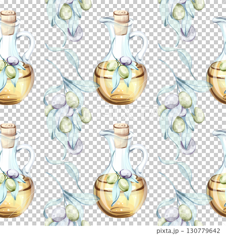 Seamless pattern of olives and olive oil in watercolor technique featuring elements of Italian cuisine and nature for elegant background or wallpaper design 130779642