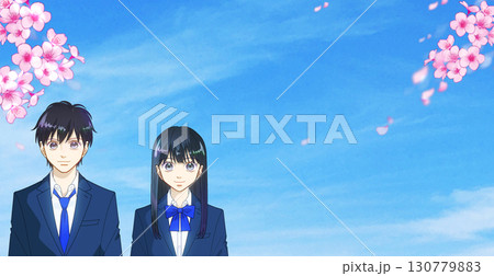 満開の桜、希望に満ちた高校生または中学生の男女のアニメ風イラスト、右に余白 満開の桜、希望に満ちた高校生または中学生の男女のアニメ風イラスト、右に余白 130779883