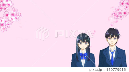 満開の桜、希望に満ちた高校生または中学生の男女のアニメ風イラスト、左に余白 130779916