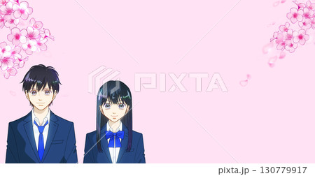 満開の桜、希望に満ちた高校生または中学生の男女のアニメ風イラスト、右に余白 130779917