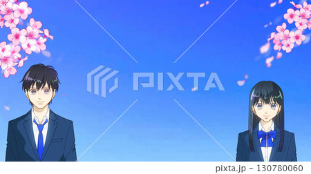 満開の桜、希望に満ちた高校生または中学生の男女のアニメ風イラスト 130780060
