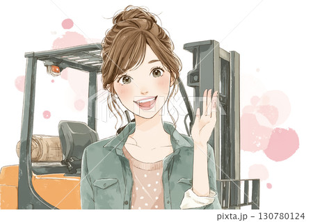 美優シリーズ：フォークリフト横で笑顔の美優の絵本調イラスト 130780124