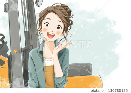 美優シリーズ：フォークリフト横で笑顔の美優の絵本調イラスト 130780126