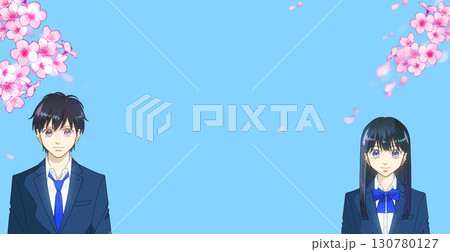 満開の桜、希望に満ちた高校生または中学生の男女のアニメ風イラスト 130780127