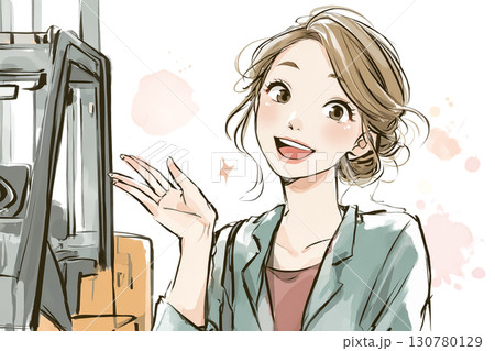 美優シリーズ:フォークリフト横で笑顔の美優の絵本調イラスト 美優シリーズ:フォークリフト横で笑顔の美優の絵本調イラスト 130780129