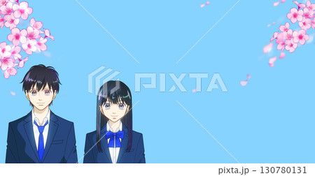 満開の桜、希望に満ちた高校生または中学生の男女のアニメ風イラスト、右に余白 130780131