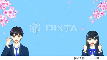 満開の桜、希望に満ちた高校生または中学生の男女のアニメ風イラスト 満開の桜、希望に満ちた高校生または中学生の男女のアニメ風イラスト 130780132