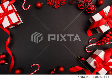 Christmas Flat Lay with Gift Boxes, Red Ornaments Christmas Flat Lay with Gift Boxes, Red Ornaments 130780141