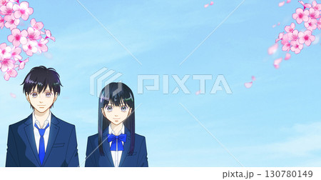 満開の桜、希望に満ちた高校生または中学生の男女のアニメ風イラスト、右に余白 満開の桜、希望に満ちた高校生または中学生の男女のアニメ風イラスト、右に余白 130780149