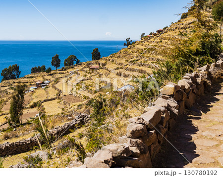 Taquile island with yellow terraced field and the blue waters of Lake Titicaca, Puno region, Peru Taquile island with yellow terraced field and the blue waters of Lake Titicaca, Puno region, Peru 130780192