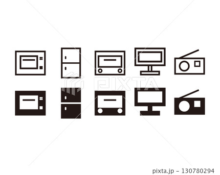 冷蔵庫、電子レンジ、トースター、テレビ、ラジオのアイコンのセット 冷蔵庫、電子レンジ、トースター、テレビ、ラジオのアイコンのセット 130780294